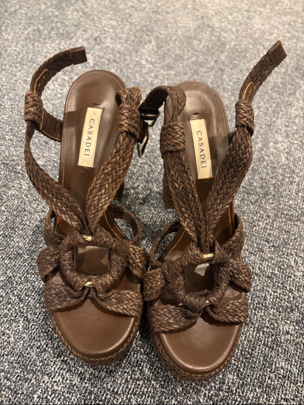 Casadei Dark Brown Braided Leather Wedge Sandals
